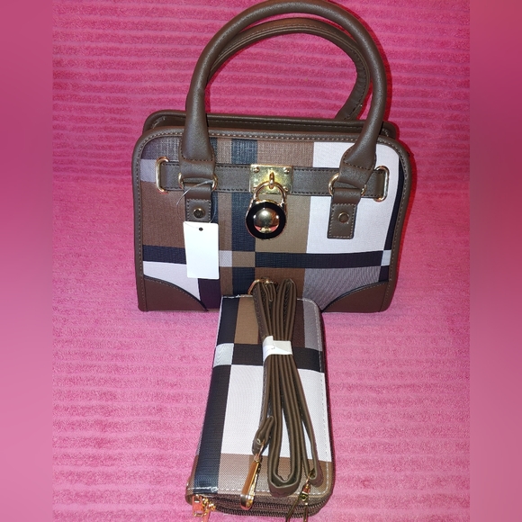 Plaid Small Handbag trimmed in Coffee Color or Chocolate Brown/Matching … - Picture 3 of 8